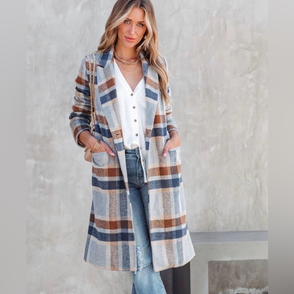 Vici Women’s Plaid Long Coat with Blue and Brown Stripes, Size L, NEW